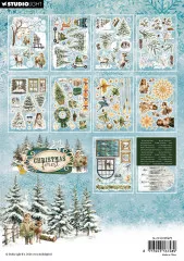 Verpackungsrückseite mit Vorschau aller 12 Stanzbögen: Winterszenen, Etiketten, Sticker und Textzeilen