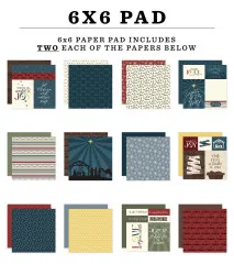 Übersicht aller 12 Motive des Paper Pads: Sprüche wie Joy, Hirsche, Schneeflocken, Streifen und florale Muster in festlichen Farben