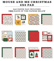 Übersichtsdarstellung aller 12 verschiedenen Motive des Paper Pads mit Weihnachtsthemen, Micky Maus Charakteren, Tannenbaum- und Weihnachtskugel-Designs, Streifen- und Karo-Muster in Rot, Grün und Creme