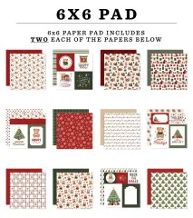 Übersicht aller 12 Motive des Have A Beary Christmas Paper Pads mit Bären, Schneeflocken, Punkten, Streifen und Weihnachtsmotiven in Rot, Grün und Weiß