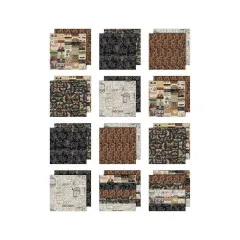 12 Einzelne Papierbögen aus dem Tim Holtz Halloween Paper Pad, beidseitig bedruckt mit verschiedenen Mustern: Ephemera-Collagen, Spinnennetze, Damast, Schmetterlinge und Vintage-Designs