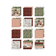 Alle 12 Papierbögen des Tim Holtz Idea-Ology Christmas Paper Pads einzeln angeordnet, doppelseitige Designs mit Karo, Streifen, Blätter und Collage-Motiven