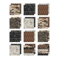 12 Einzelmotive des Paper Pads: Ephemera-Collagen, Spinnennetze, Damastmuster, Schmetterlinge, Damast in Orange und Schwarz