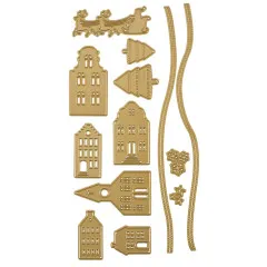 13 goldfarbene Stanzschablonen: Giebelhäuser, Kirche, Tannen, Sterne, Schneeflocken und Schneehügel