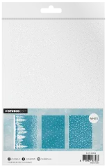 Verpackungsrückseite mit Vorschau der 3 Acetatfolien-Muster: Tannenbaum-Bordüre, Glitzerpunkte und Schneeflocken