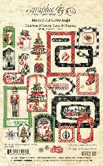 Übersichtsdarstellung aller 34 Chipboard-Teile der Merry-ful Greetings Kollektion auf cremefarbener Packungsrückseite mit sortierten Tags, Rahmen und Einzelmotiven.