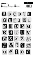 Schwarz-weiße Übersicht aller 37 Klarsichtstempel: Buchstaben A-Z, Zahlen, Herz, @-Zeichen, &, !, ?, # Symbole