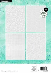 Verpackungsrückseite mit Vorschau der 4 weißen Vellum-Muster: Schneeflocken, Ranken, Karo und Tannenzweige
