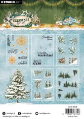 Verpackungsrückseite mit Vorschau aller 5 Stickerbögen: Texte, Tannenzweige und Tannenbaum-Silhouetten