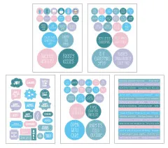 Detailansicht aller 5 Stickerbogen der Serie: runde Sprüche-Etiketten, Wort-/Formsticker (Cheers, Joy, Noel u.a.) und ein durchgehend bedruckter Wortmuster-Bogen in Rosa