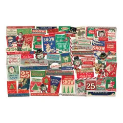 73 ausgestanzte Vintage-Papierelemente mit Weihnachtsmotiven wie Schneemänner, Weihnachtsmänner, Schneeflöckchen und klassischen Retro-Verpackungsdesigns