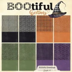 BOOtiful Greetings 12x12 Paper Pad Übersicht aller 8 Designs in Gitteranordnung mit Farbvariationen