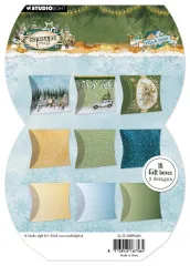 Verpackungsrückseite mit Vorschau aller 9 Kissenschachtel-Designs in 3x3-Raster
