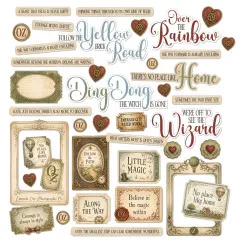 Alle 40 Chipboard-Teile: Yellow Brick Road, Over the Rainbow, Ding Dong, Rahmen, Herzen und OZ-Siegel