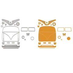 Übersicht aller 21 Stanzschablonen in Silber und orangefarbene Darstellung der ausgestanzten Bus-Teile