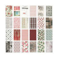 Großformatige Einzelaufnahmen aller 24 Papierbögen mit Weihnachtsmotiven, Vintage-Ornamenten, Karo- und Blütenmuster in Rot, Grün und Creme