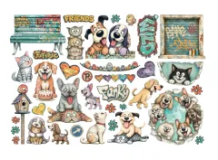 Ausgebreitete Ephemera-Teile: Hunde, Katzen, Herzen, Wimpelkette, Parkbank, Vogelhaus und Schriftzüge
