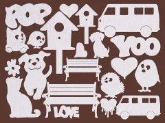 Weiße Papierformen: Hunde, Katze, Vögel, Vogelhäuser, Bänke, Lieferwagen, Herzen und Schriftzüge Pop, Yoo, Love