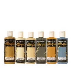 Sechs Flaschen Stamperia Allegro-Farbe in den Tönen Super Gold, Old Ivory, Nougat, Shadow, Cookie und Blue Aviation, je 60 ml.