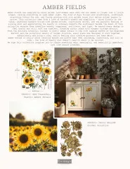 Lookbook-Seite "Amber Fields" mit Sonnenblumenfeld-Stimmung und H2O-Transfer "Rustic Amber Petals", darunter die Decor Mould "Golden Solstice" (Art.-Nr. 684600) im Kollektionskontext