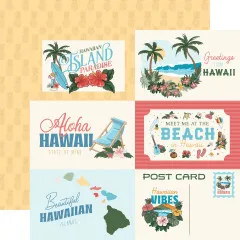 Designpapier mit Ananaskranz-Muster auf gelbem Hintergrund, kombiniert mit doppelseitigem Druck und verschiedenen Hawaii-Motiven