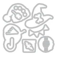 Grafische Darstellung der Stanzformen für Nikolausmütze, Hexenhut, Wimpel und Geschenkbox.
