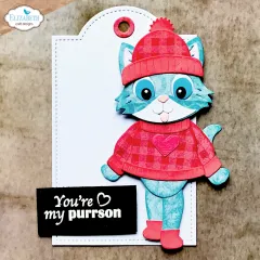 Geschenkanhänger mit Katze in rotem Mützen-Pullover-Set.