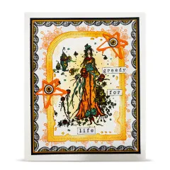 Kolorierte Beispielkarte mit der gestempelten Modefigur, orangefarbenen Sternen und dem Schriftzug „greedy for life“.