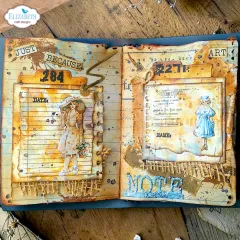 Anwendungsbeispiel: Journal-Doppelseite mit Notizzettel-Stanzteilen, Zahlen „204“ und „2271“ sowie Vintage-Mädchenillustrationen.
