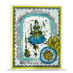 Kolorierte Beispielkarte mit der gestempelten Schreiberin im blau-grünen Kleid, gestempelter Mohnblume und dem Schriftzug „dreamy“.