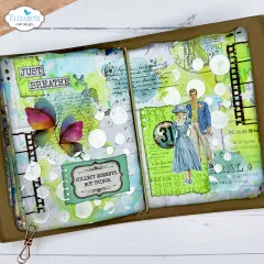 Anwendungsbeispiel: aufgeschlagenes Journal mit den Sprüchen „Just Breathe“ und „Collect Moments, Not Things“, Schmetterlings-Rub-On und Vintage-Figuren.