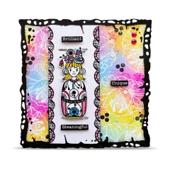 Kolorierte Beispielkarte mit der gestempelten ZOUKI-Poppie-Figur und den Wörtern „Brilliant“, „Unique“ und „Meaningful“ auf buntem Aquarell-Hintergrund.