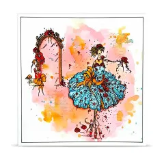 Aquarellierte Beispielkarte mit der gestempelten Ballerina im türkisfarbenen Tutu und gestempeltem Spiegelrahmen-Motiv.