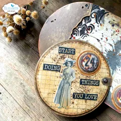 Anwendungsbeispiel: Journalseite „Start doing things you love“ mit Vintage-Damenfigur und rostigem Zahlen-Button „24“.