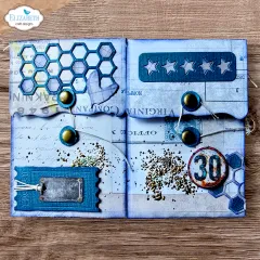 Anwendungsbeispiel: blaue Journalseiten mit geprägtem Waben-Muster, Sternestanze und rostigem Zahlen-Button „30“.