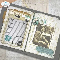 Anwendungsbeispiel: Journal-Doppelseite mit Datum/Name/Wo/Wer-Notizzettel, Porträtfoto und Spruch „Happiness looks good on you“.