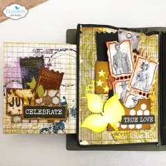 Anwendungsbeispiel: Journalseiten mit Ticket-Stanzteilen, Vintage-Porträts und Wortcollagen „Celebrate“ und „True Love“.