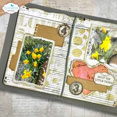 Anwendungsbeispiel: Journalseite mit echten Gartenfotos von Osterglocken, rosafarbenem Herz-Stanzteil und Spruch „Enjoy the little things“.