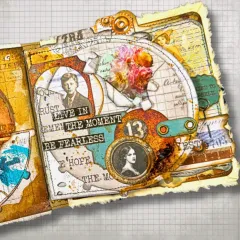 Anwendungsbeispiel: Journalseite mit Wortcollage „Live in the moment, Be fearless“, Blüten und zwei Vintage-Porträts.