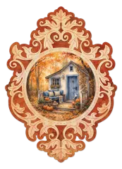 Der gestanzte Ornamentrahmen auf herbstlichem Musterpapier mit eingesetztem Motiv einer Gartenhütte mit Kürbissen