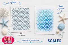 Anwendungsbeispiel des Scales-Stencils: Schablone neben blauem Aquarell-Farbverlauf im Schuppenmuster