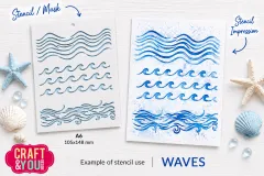 Anwendungsbeispiel des Waves-Stencils: Schablone neben coloriertem Aquarell-Ergebnis mit blauen Wellen