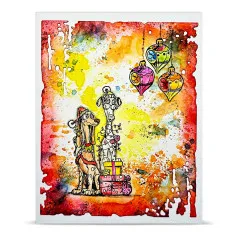 Aquarellkarte mit zwei weihnachtlich verkleideten Hunden, Geschenken und hängenden Kugeln
