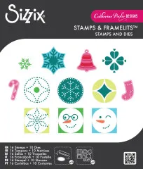 Bunte Weihnachtsmotive: Schneeflocke, Glocke, Kleeblatt, Zuckerstange, gepunktete Kreise und Schneemann-Gesichter