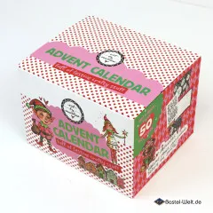Geschlossene Box des Art By Marlene Adventskalenders 2026 mit rot-weißem Pünktchenmuster und Elfen-Illustrationen