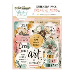 Verpackung des Ephemera-Packs 'Creative Mind' mit Blüten, Etiketten und Sprüchen wie 'Art is Freedom'.