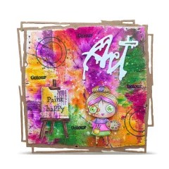 Art Journal Seite mit bunten Farben, Text und Stempelmotiven von Janet Klein
