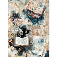 Reispapier-Bogen mit aufgeschlagenen Zauberbüchern, Totenkopf und Sternkarten im Design The Witch's Grimoire