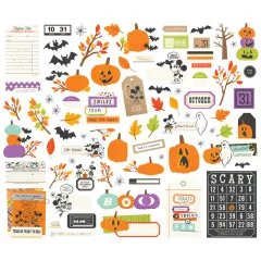 Ausgebreitete Stanzteile: Fahrkarten, Herbstblätter, Kürbisse, Fledermäuse, Etiketten und Journalkarten im Halloween-Design