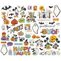 Ausgebreitete Stanzteile mit Vogelscheuche, Mickey und Minnie, Geistern, Schloss-Silhouette und Schriftzügen wie „Happy Haunts" und „Boo!"